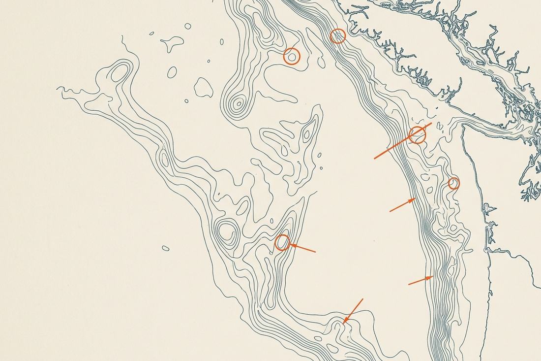 A survey plate reviewed and marked up: problem areas ringed and arrowed in orange.