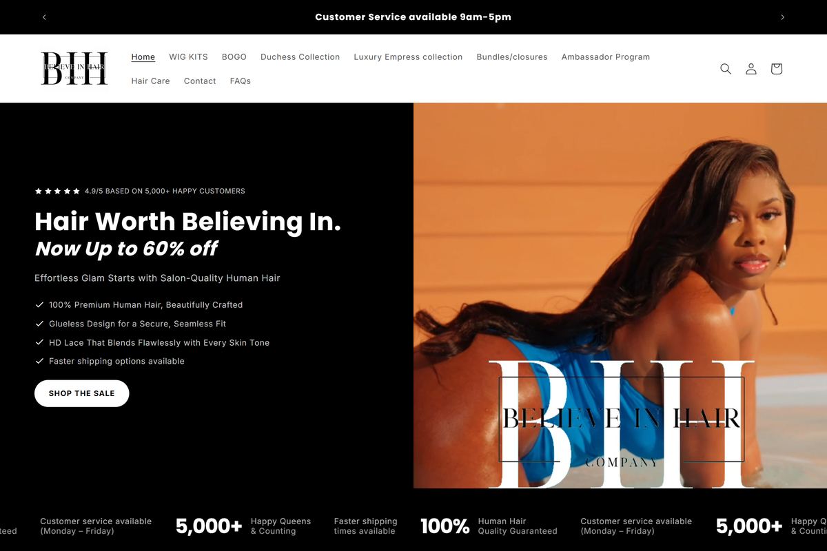 The Believe In Hair storefront homepage.